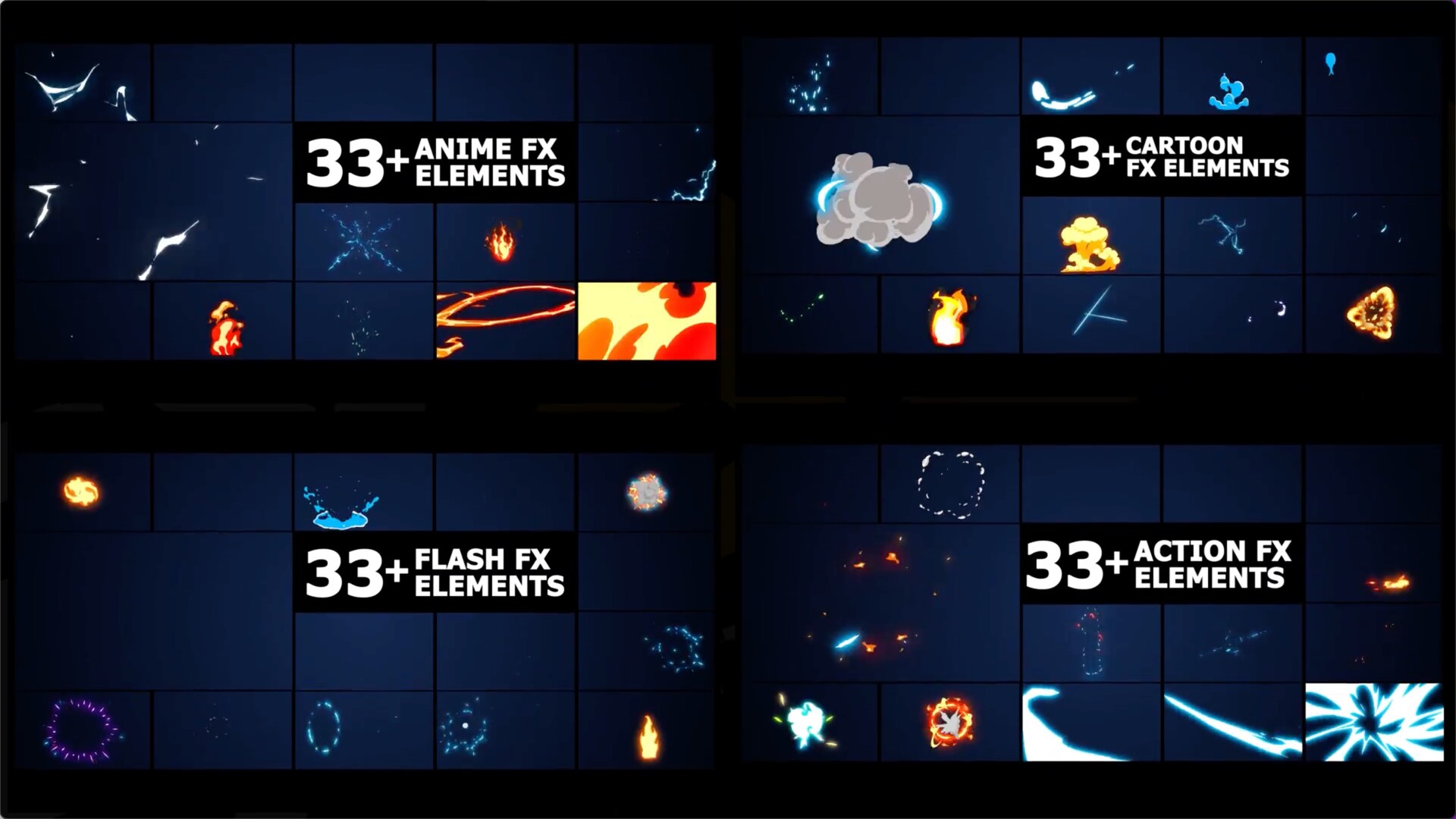 33个发光卡通爆炸动态fcpx发生器模版Action Elements Pack