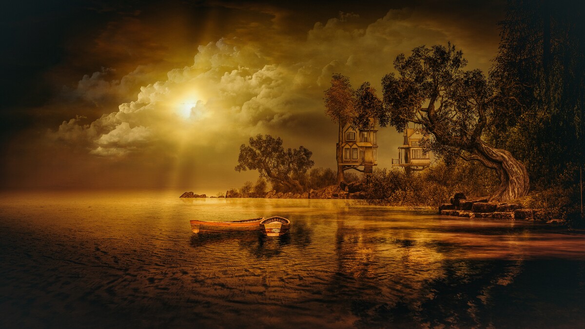 日落艺术的湖