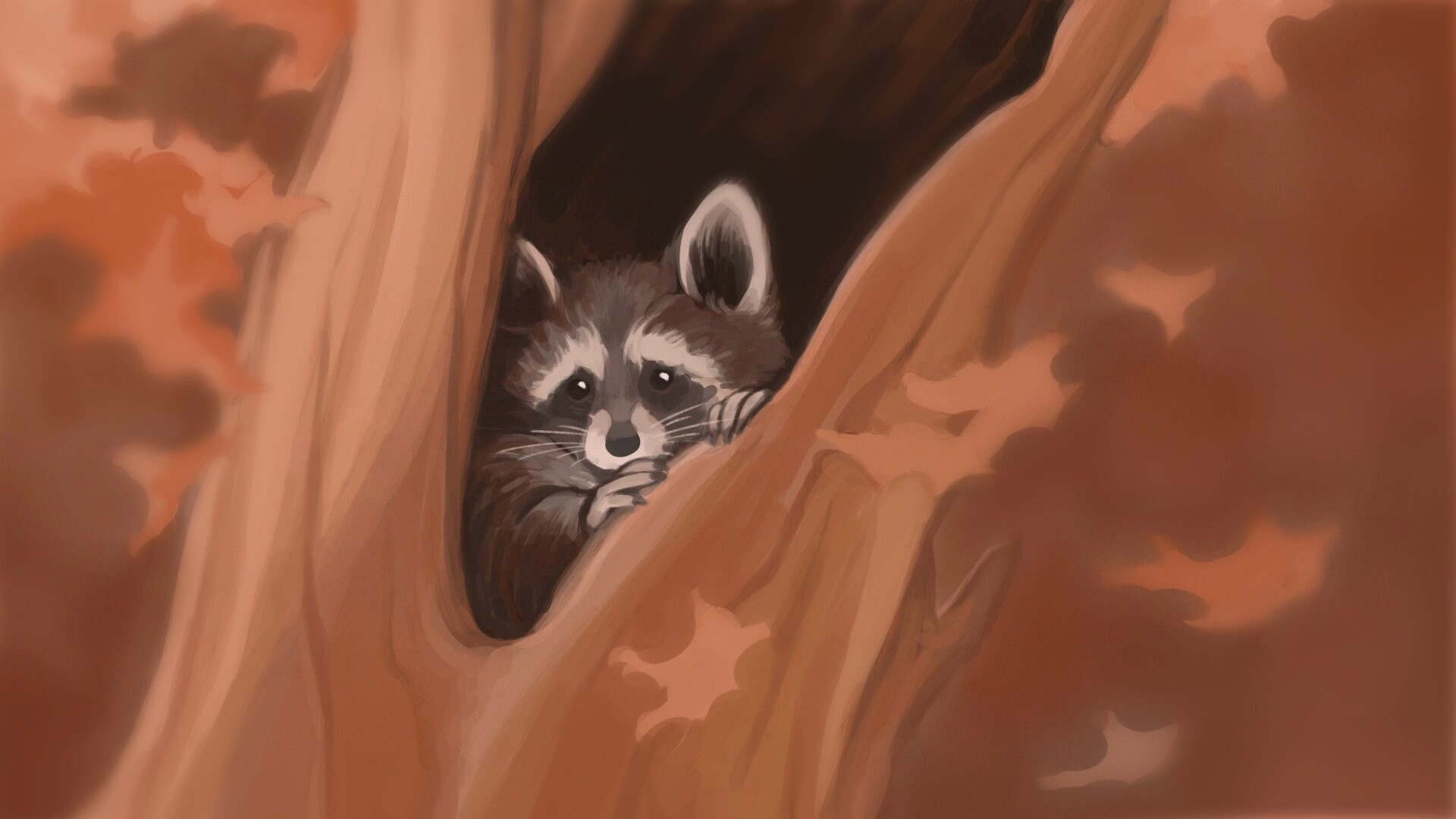 可爱的藏在树洞的浣熊动态壁纸